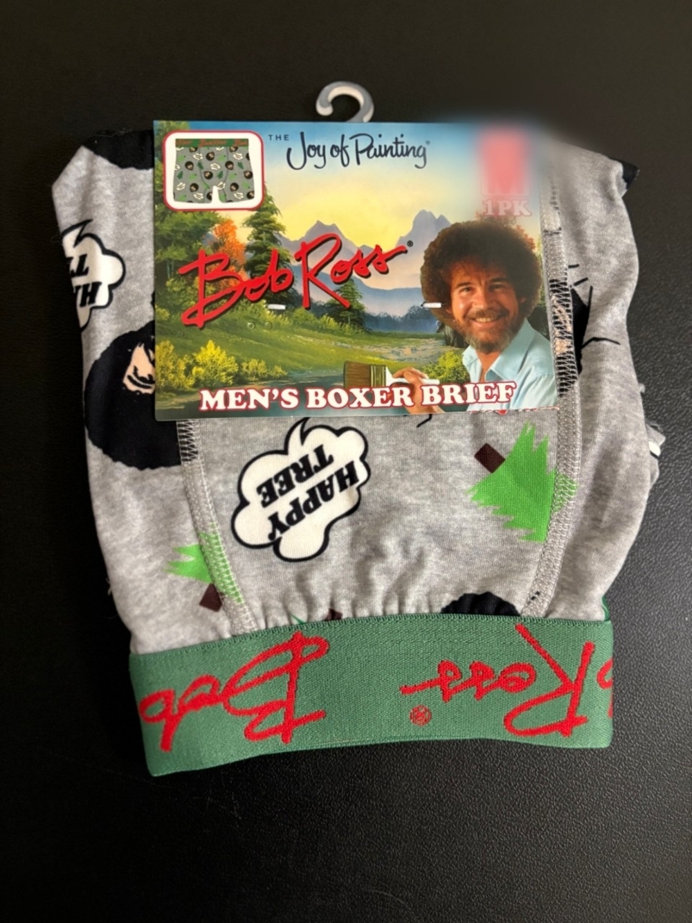 Target Bob Ross Men’s Boxer Briefs – Gray with Green Waistband & Red Script